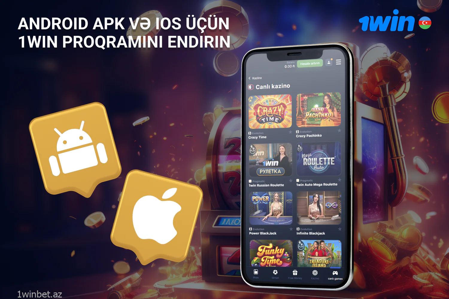 1win mobil proqramında azərbaycanlı istifadəçilər idmana mərc edə, hesablarını idarə edə və kazino oyunları oynaya bilərlər