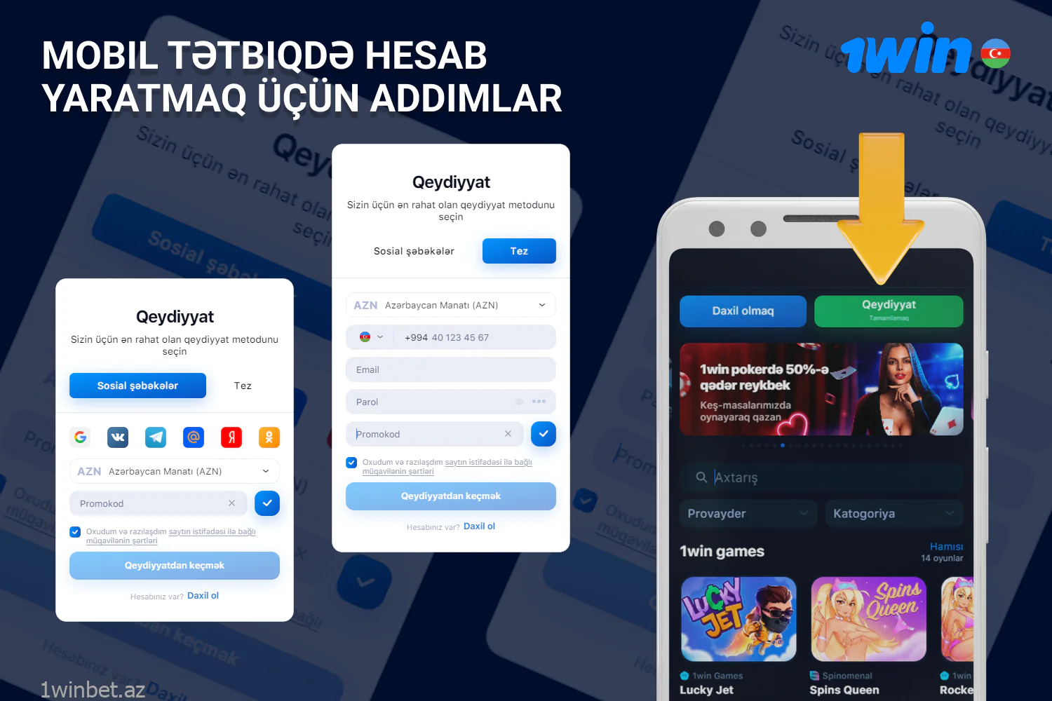 1win mobil proqramında qeydiyyatdan keçmək üçün Azərbaycandan olan istifadəçilər bir neçə sadə addım atmalıdırlar